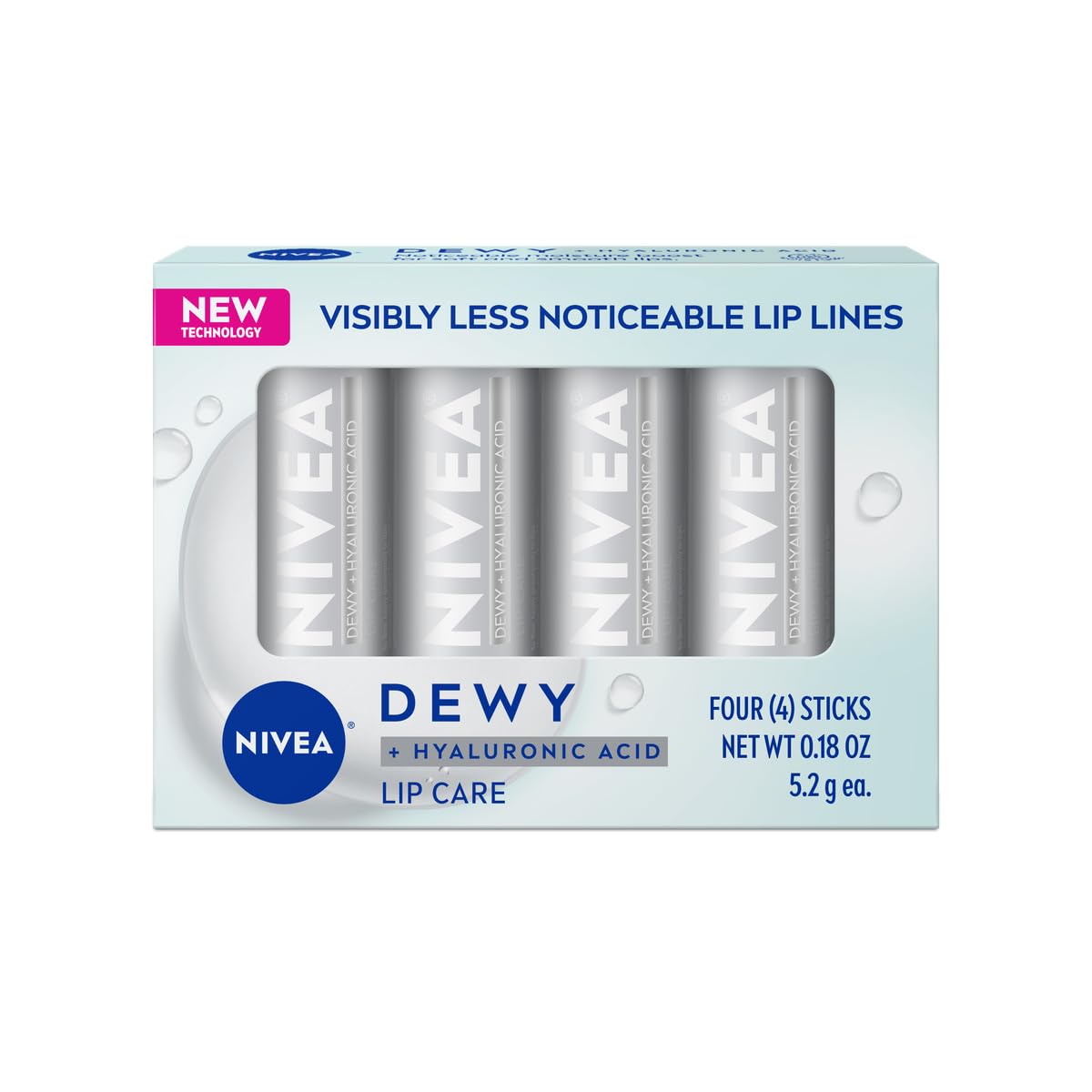 NIVEA Dewy Lip Care with Hyaluronic Acid, Lip Balm Leaves Visibly Less Noticeable Lip Lines and No Waxy Feel, 0.18 Oz, Pack of 4 C3