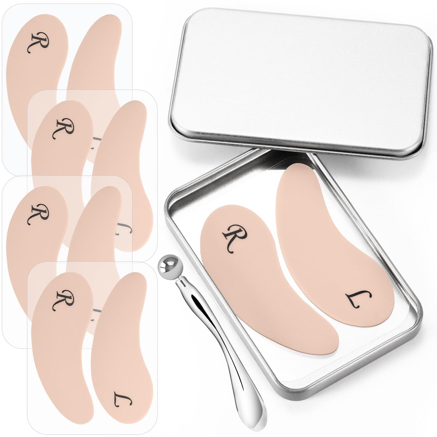 Beautistin Under Eye Patches Silicone - 4 Pairs Reusable Eye Patches, Eye Wrinkle Patches, Reusable Under Eye Mask, Plump Fine Lines & Wrinkles, with Metal Eye Cream Applicator, Tin Case C3