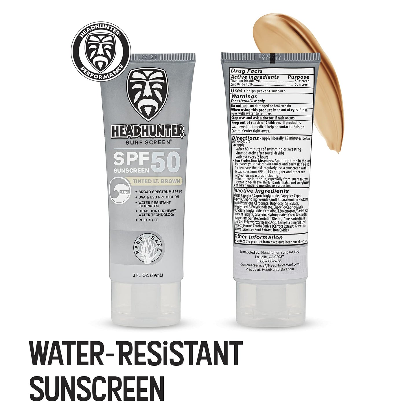 Headhunter Heavy Duty Reef Safe Sunscreen SPF 50 for Surfing - Natural Mineral Sunscreen Face Cream - Broad Spectrum UVA/UVB Safe, Skin Defense Against Damage - Tinted Light Brown Formula (2 Pack) C3