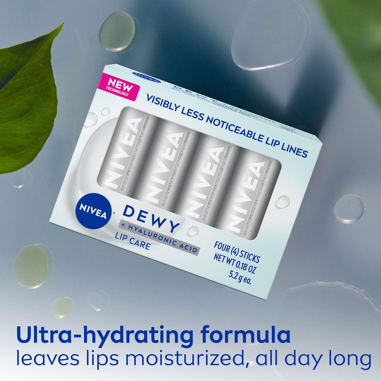 NIVEA Dewy Lip Care with Hyaluronic Acid, Lip Balm Leaves Visibly Less Noticeable Lip Lines and No Waxy Feel, 0.18 Oz, Pack of 4 C3