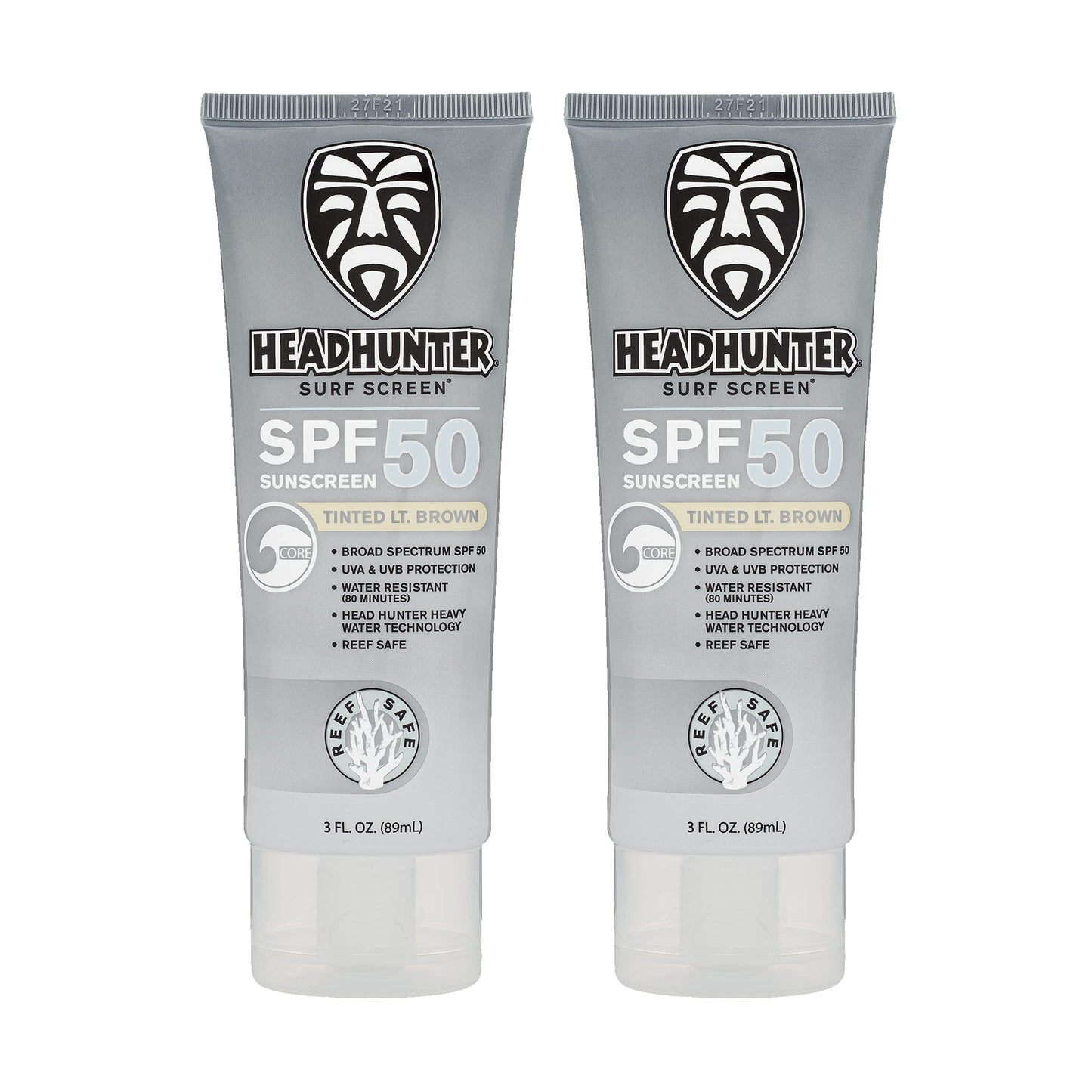 Headhunter Heavy Duty Reef Safe Sunscreen SPF 50 for Surfing - Natural Mineral Sunscreen Face Cream - Broad Spectrum UVA/UVB Safe, Skin Defense Against Damage - Tinted Light Brown Formula (2 Pack) C3