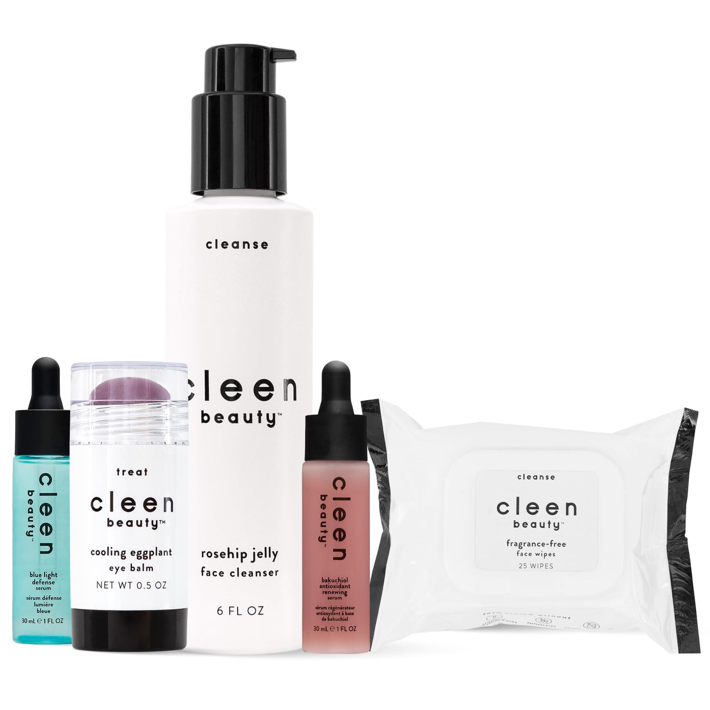 Cleen Beauty Everyday Essentials Skin Care Set, Blue Defense Serum + Cooling Eggplant Eye Balm + Rosehip Jelly Face Cleanser + Fragrance Free Face Wipes + Bakuchiol Antioxidant Renewing Serum C3