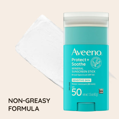 Aveeno Protect + Soothe Mineral Sunscreen Stick for Sensitive Skin, SPF 50, Water-Resistant for 80 minutes, Face & Body Sunscreen with Zinc Oxide & Oat, Fragrance-Free, Travel Size, 1.5 OZ C3