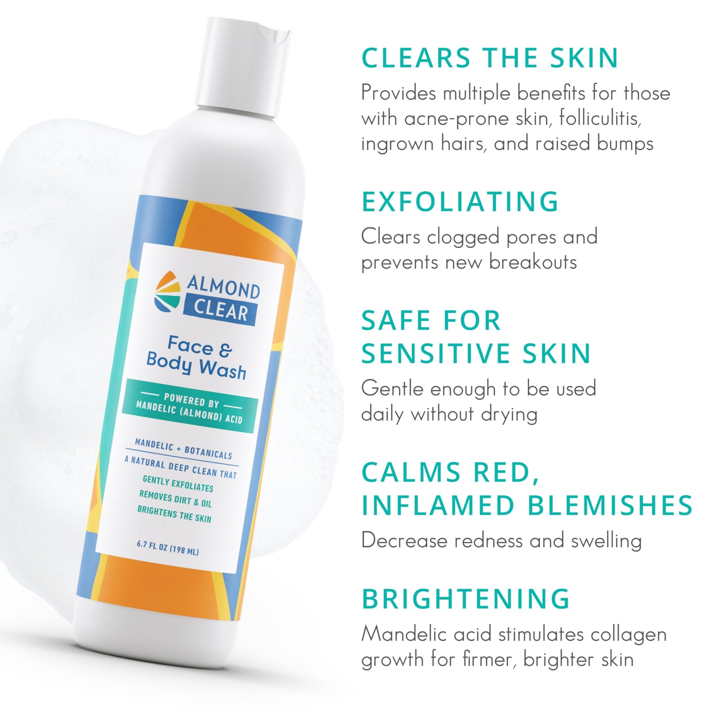 Almond Clear Face & Body Wash [6.7 Fl Oz] Skin Care for Acne and Folliculitis-Prone Skin - Gentle Everyday Exfoliating Cleanser with Mandelic Acid and Botanicals C3