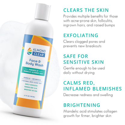 Almond Clear Face & Body Wash [6.7 Fl Oz] Skin Care for Acne and Folliculitis-Prone Skin - Gentle Everyday Exfoliating Cleanser with Mandelic Acid and Botanicals C3