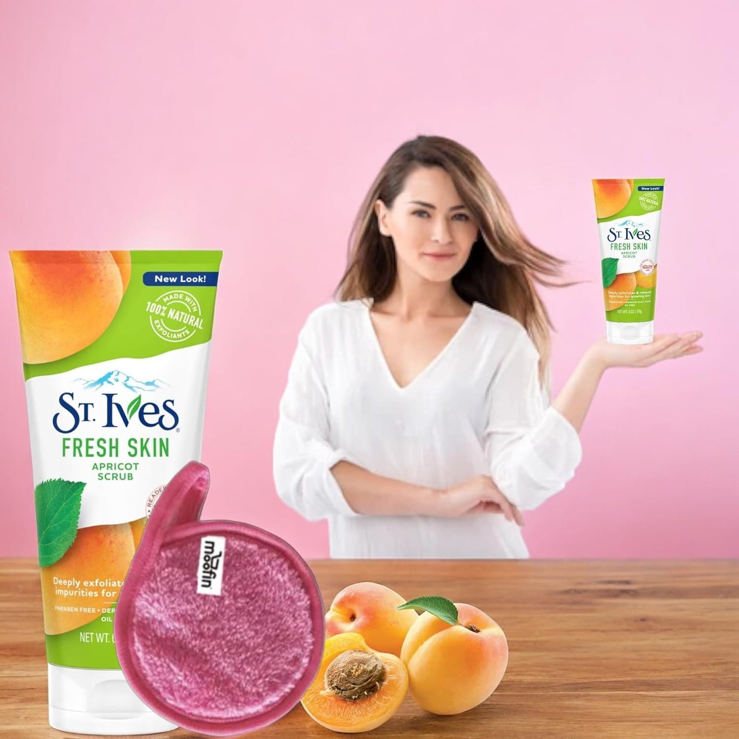 St. Ives Facial Scrub Exfoliator, Apricot 6 oz - Gentle Exfoliating Face Wash with Moofin Makeup Cleansing Cloth - Deep Pore Cleansing Apricot Scrub Face Wash with Vitamin E ~ [Pack of 6] C3