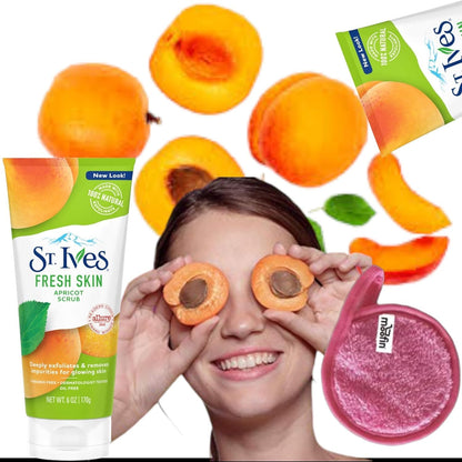 St. Ives Facial Scrub Exfoliator, Apricot 6 oz - Gentle Exfoliating Face Wash with Moofin Makeup Cleansing Cloth - Deep Pore Cleansing Apricot Scrub Face Wash with Vitamin E ~ [Pack of 6] C3