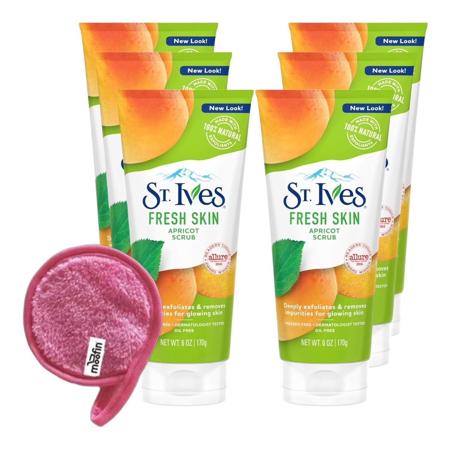 St. Ives Facial Scrub Exfoliator, Apricot 6 oz - Gentle Exfoliating Face Wash with Moofin Makeup Cleansing Cloth - Deep Pore Cleansing Apricot Scrub Face Wash with Vitamin E ~ [Pack of 6] C3