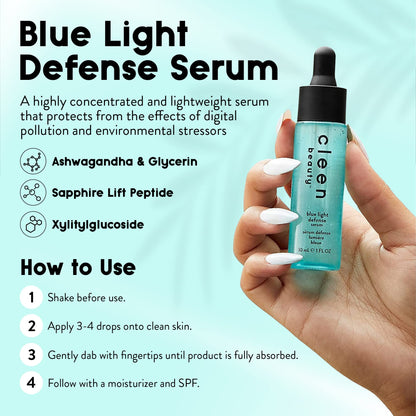 Cleen Beauty Everyday Essentials Skin Care Set, Blue Defense Serum + Cooling Eggplant Eye Balm + Rosehip Jelly Face Cleanser + Fragrance Free Face Wipes + Bakuchiol Antioxidant Renewing Serum C3